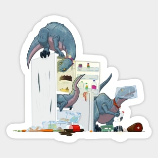 Trio of Pet Velociraptor Dinosaurs Raiding the Fridge Sticker